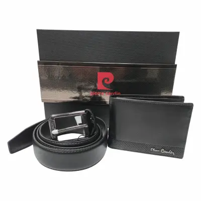 Pierre cardin, set de curea si portofel de piele 2 piese, negru, model cz001